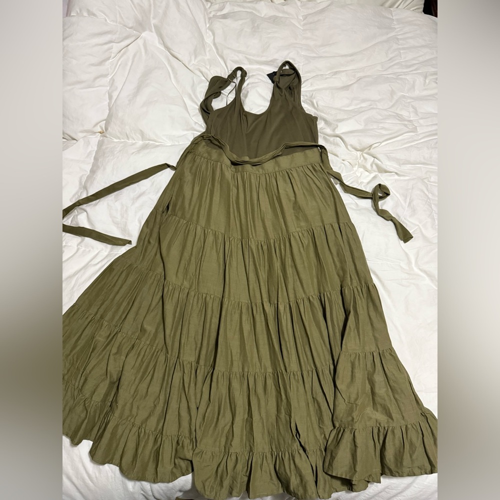 NWT New Paige Denim Green Pleated Tiered Sundress Cotton Size L Large